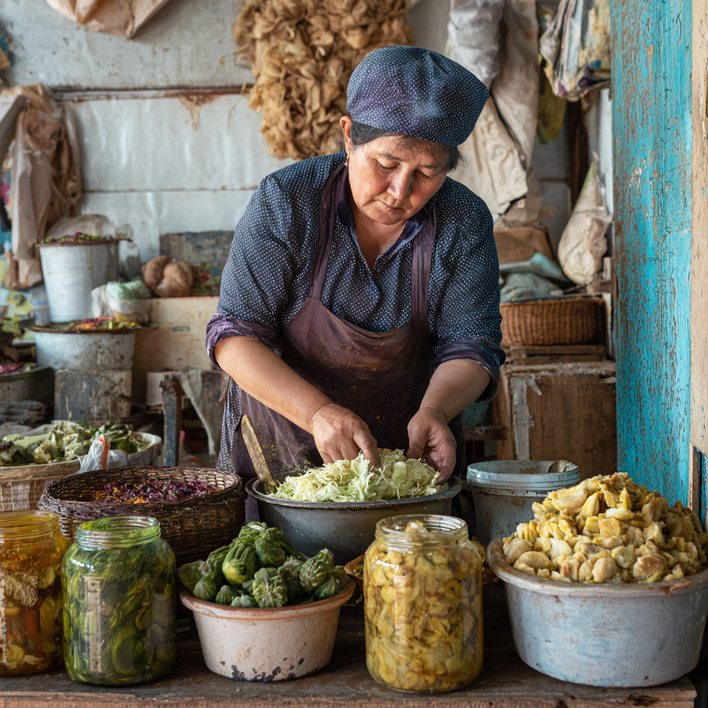 Middle-aged Uzbek market worker preparing healthy lunch