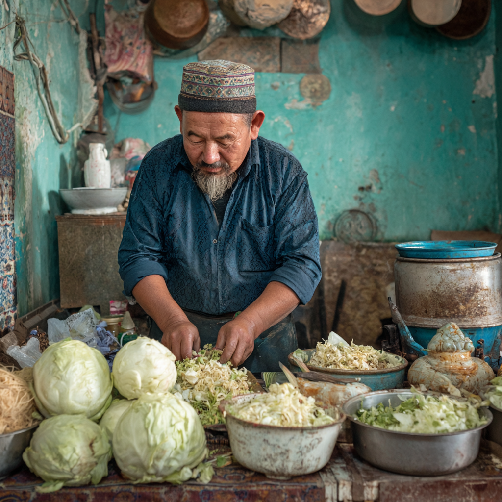 Elderly Uzbek person exercising and staying healthy with proper nutrition